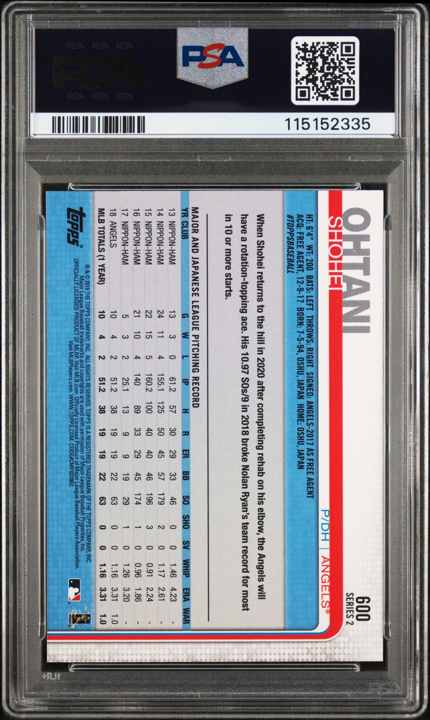 2019 Topps Shohei Ohtani #600 PSA 9 Angels