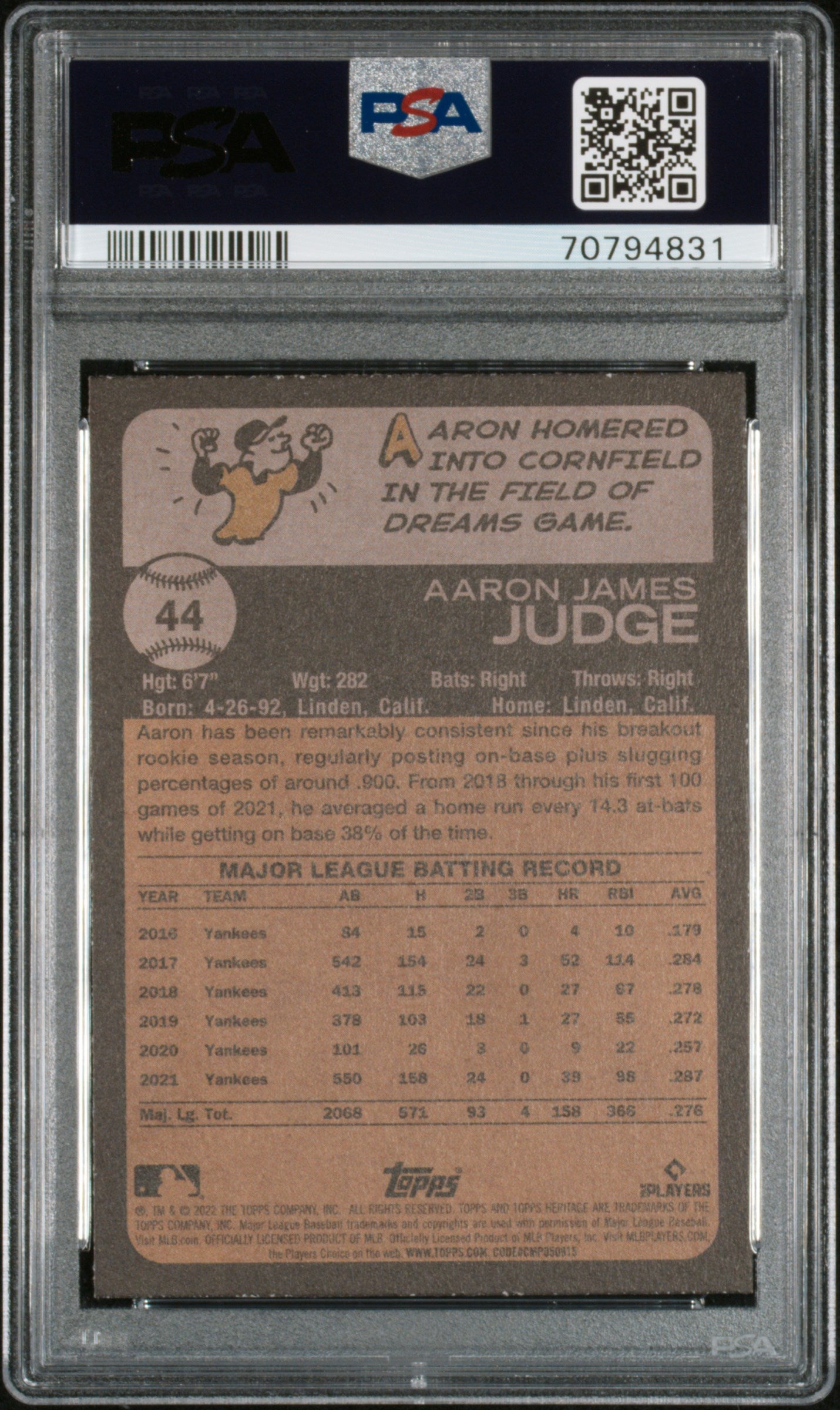 2022 Topps Heritage Aaron Judge #44 PSA 9 New York Yankees
