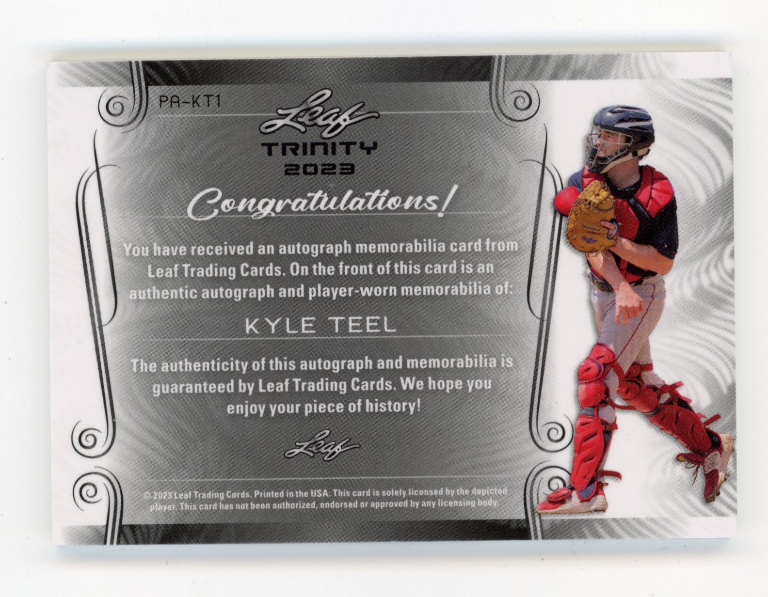 2023 Leaf Trinity - Patch Autograph Memorabilia Bronze Kyle Teel #PA-KT1 #/99