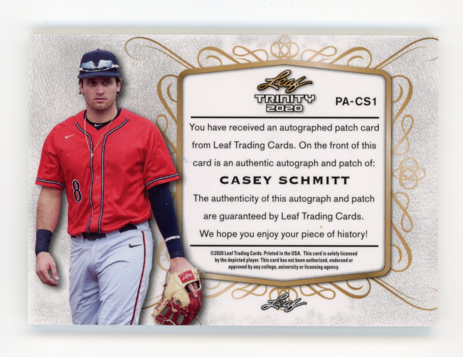 2020 Leaf Trinity - Patch Autographs Red Casey Schmitt #PA-CS1 #/25