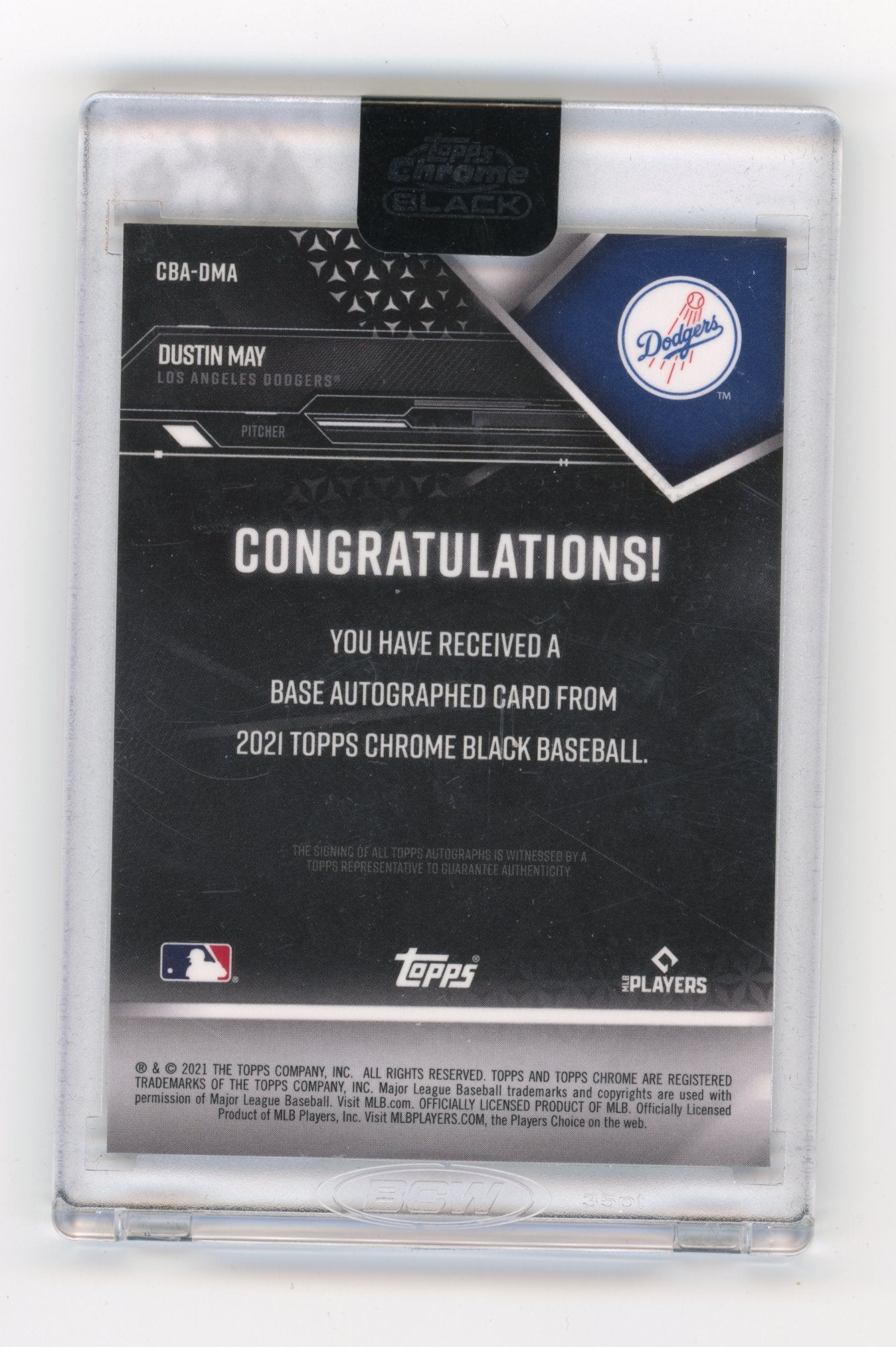 2021 Topps Chrome Black Dustin May #CBA-DMA Autographs Refractor #/150 Los Angeles Dodgers