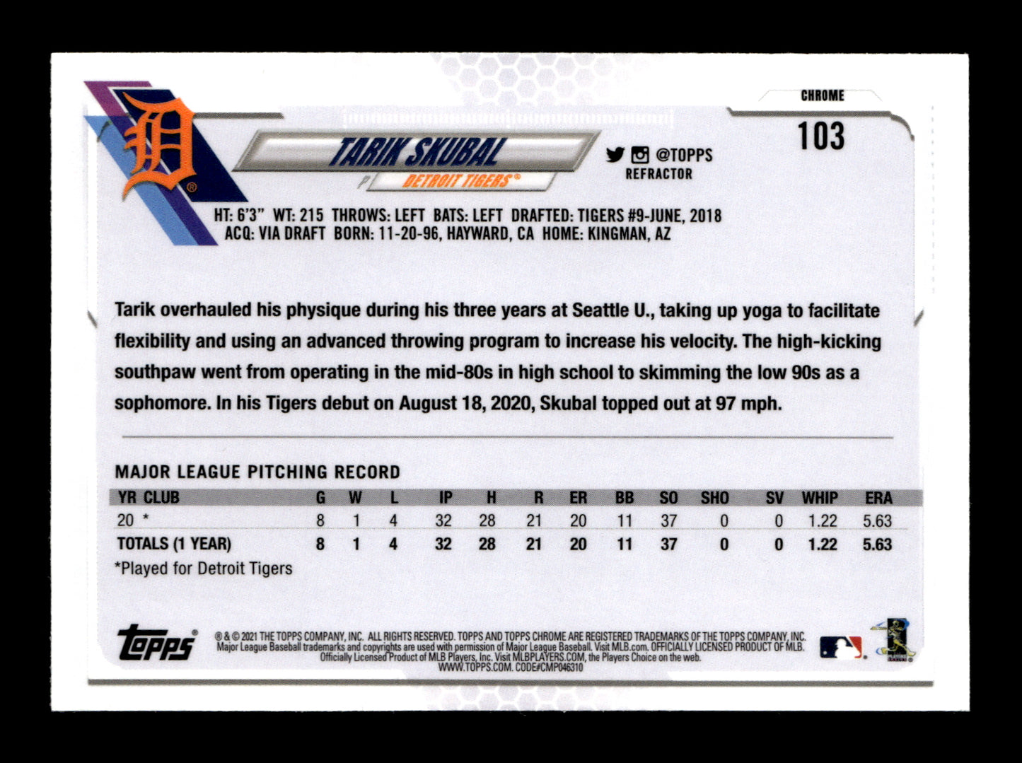 2021 Topps Chrome Tarik Skubal #103 Sepia Refractor Detroit Tigers
