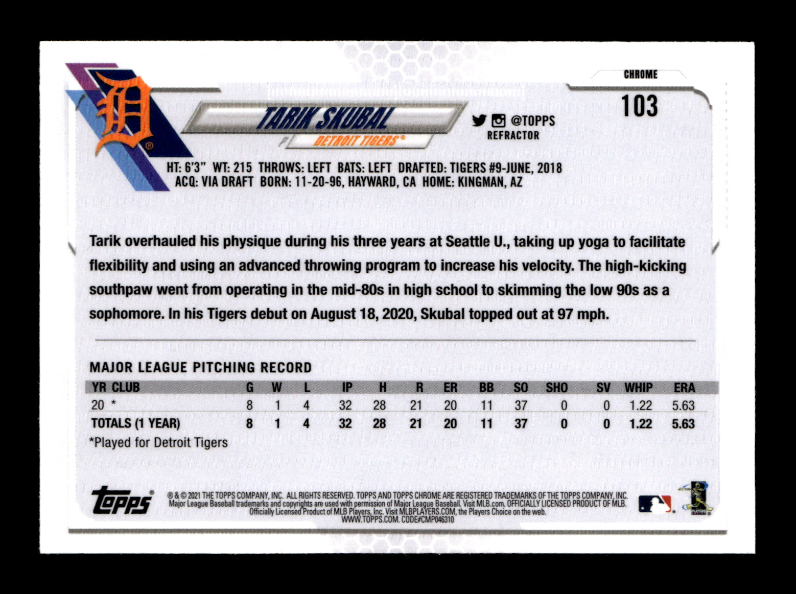 2021 Topps Chrome Tarik Skubal #103 Sepia Refractor Detroit Tigers