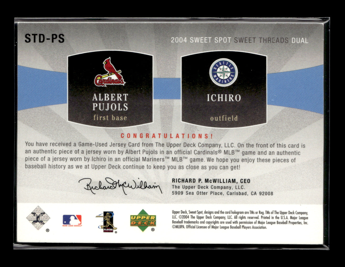 2004 Upper Deck Sweet Spot Albert Pujols / Ichiro Suzuki MEM, SN150 #STD-PS Sweet Threads Dual Jersey #/150