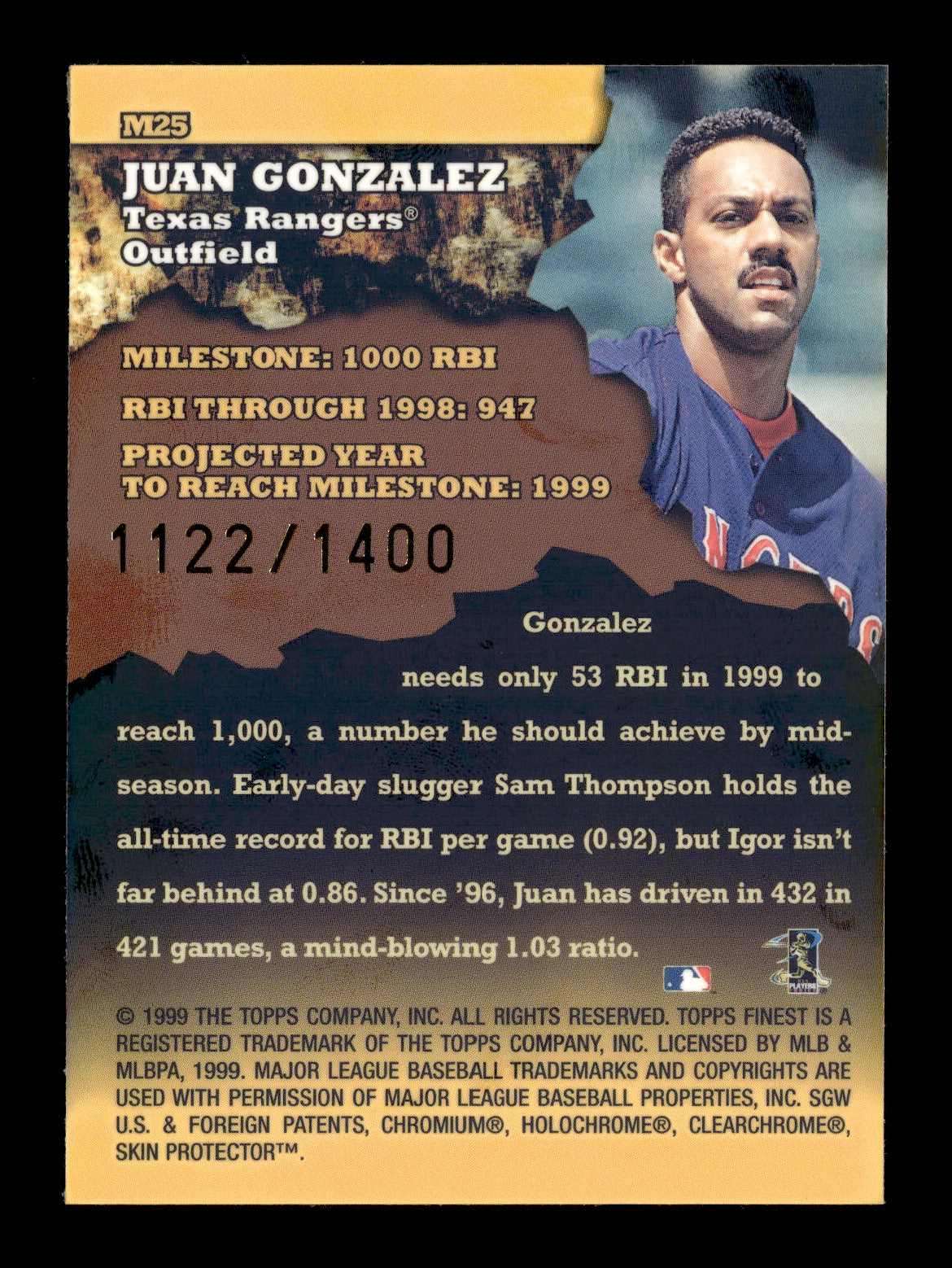 1999 Finest Juan Gonzalez #M25 Milestones #/1400 Texas Rangers