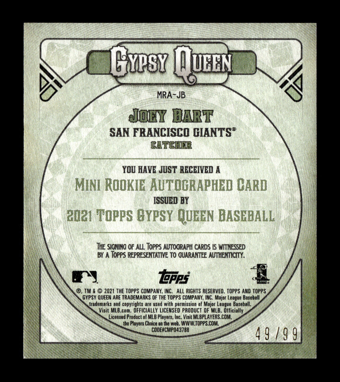 2021 Topps Gypsy Queen Joey Bart #MRA-JB Rookie Minis Autographs #/99 San Francisco Giants