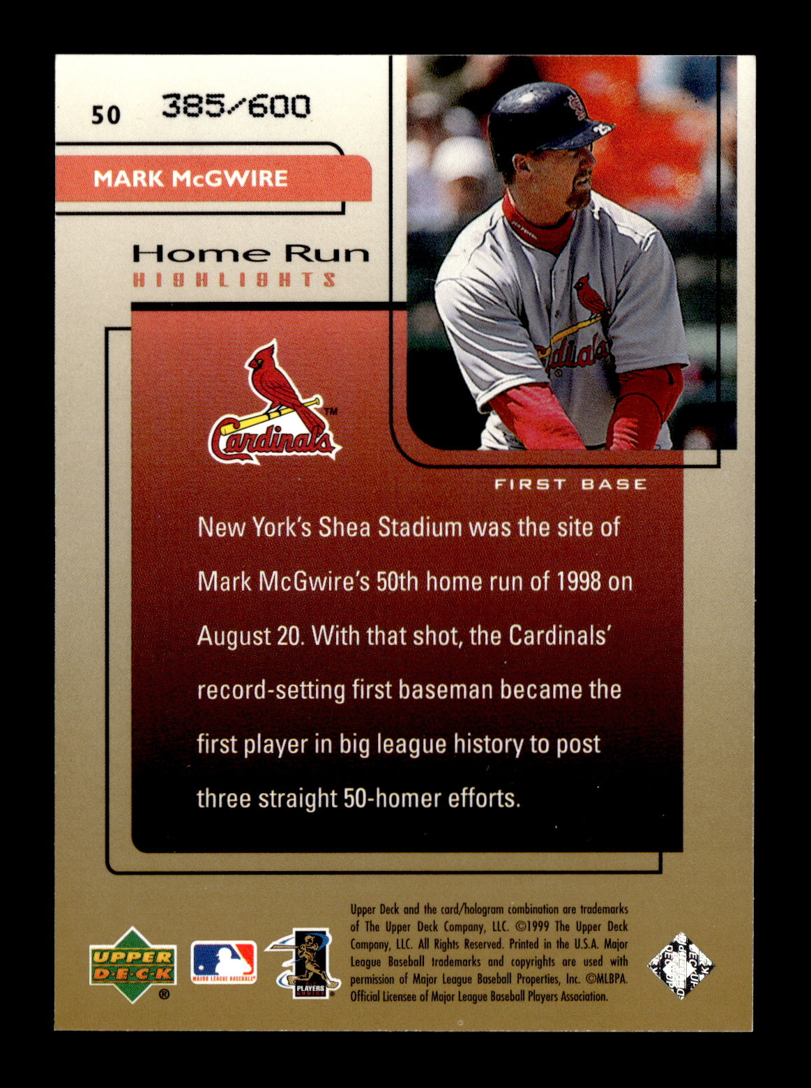 1999 Upper Deck Challengers for 70 Mark McGwire #50 Challengers Edition #/600 St. Louis Cardinals