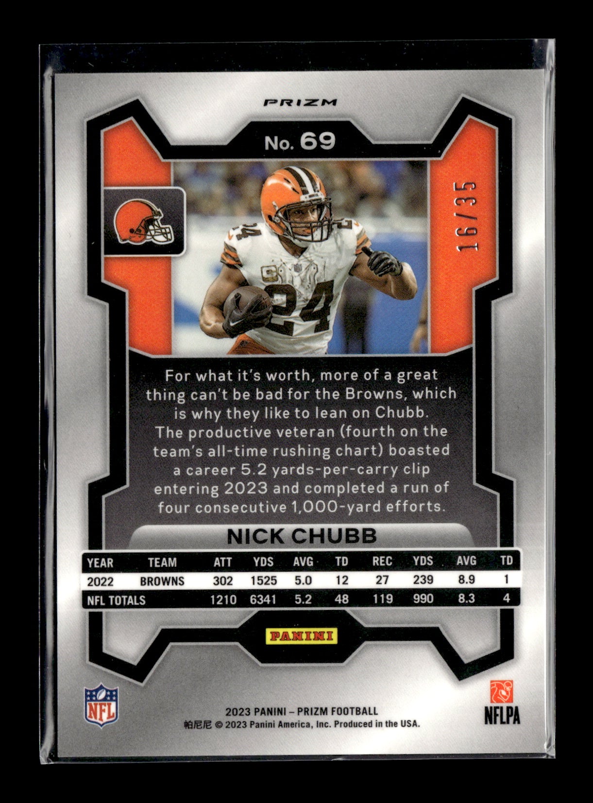 2023 Panini Prizm Nick Chubb #69 No Huddle Purple #/35 Cleveland Browns