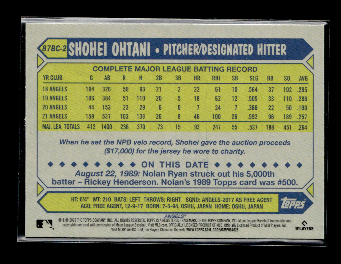 2022 Topps Chrome Shohei Ohtani #87BC-2 1987 Topps Baseball 35th Anniversary Los Angeles Angels