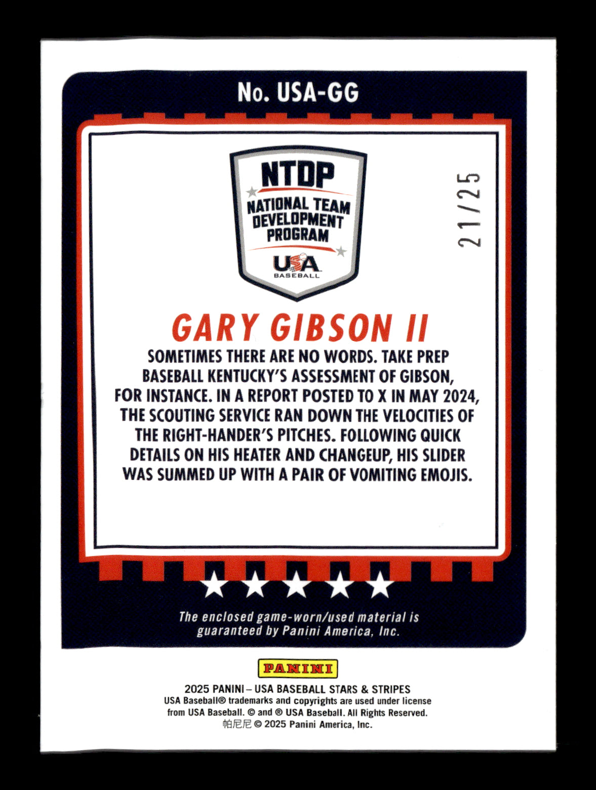 2025 Panini Stars & Stripes USA Baseball Gary Gibson II #USA-GG USA Materials Prime #/25