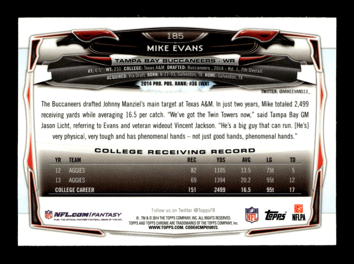 2014 Topps Chrome Mike Evans #185 Xfractors Tampa Bay Buccaneers