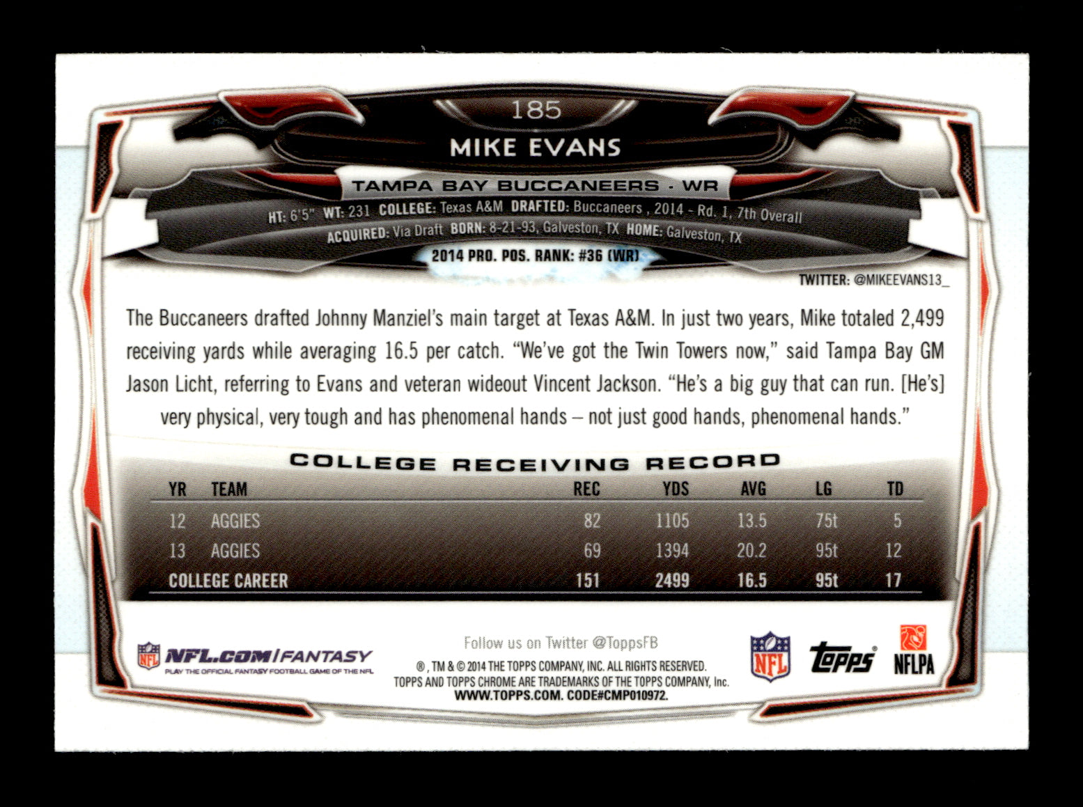 2014 Topps Chrome Mike Evans #185 Xfractors Tampa Bay Buccaneers
