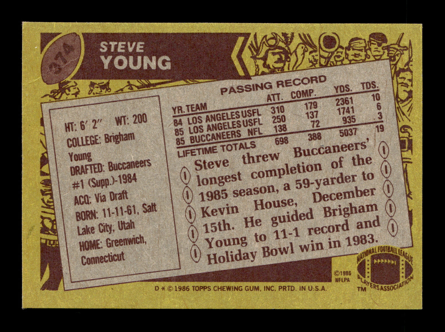 1986 Topps Steve Young #374b Tampa Bay Buccaneers