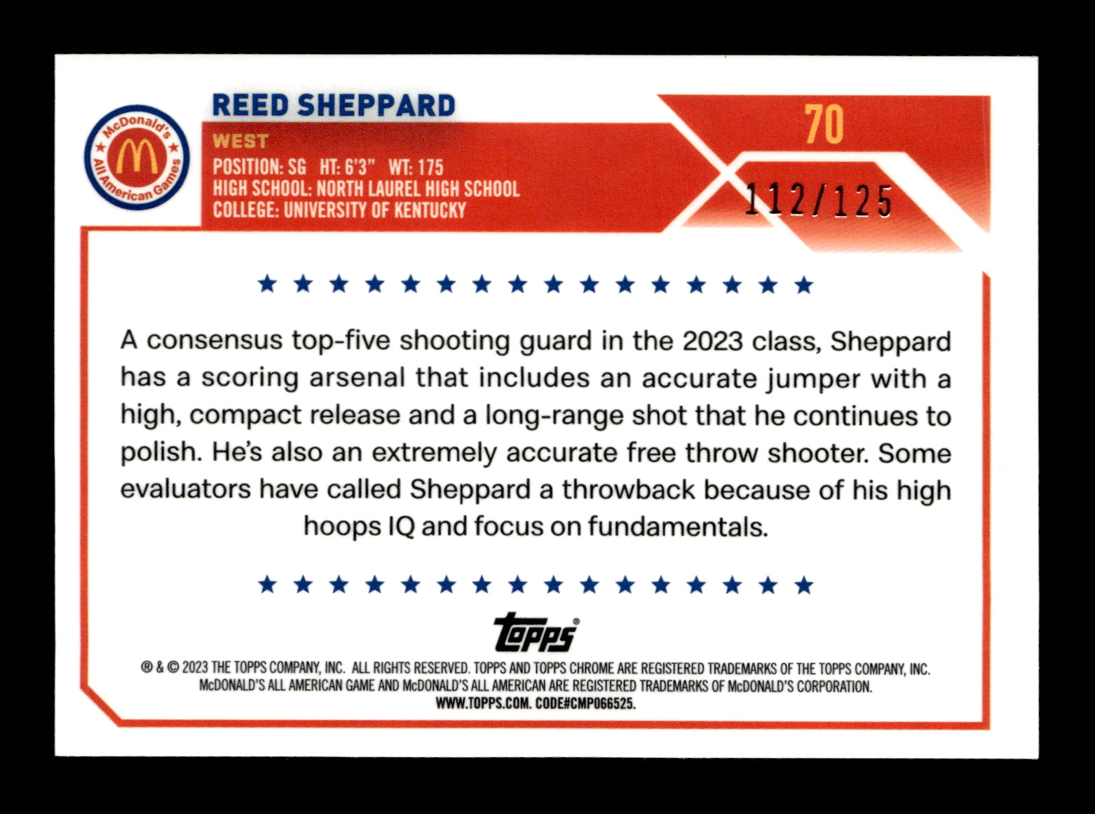 2023 Topps Chrome McDonald's All American Reed Sheppard #70 Fuchsia/Blue Swirl Refractor #/125 Boston Celtics