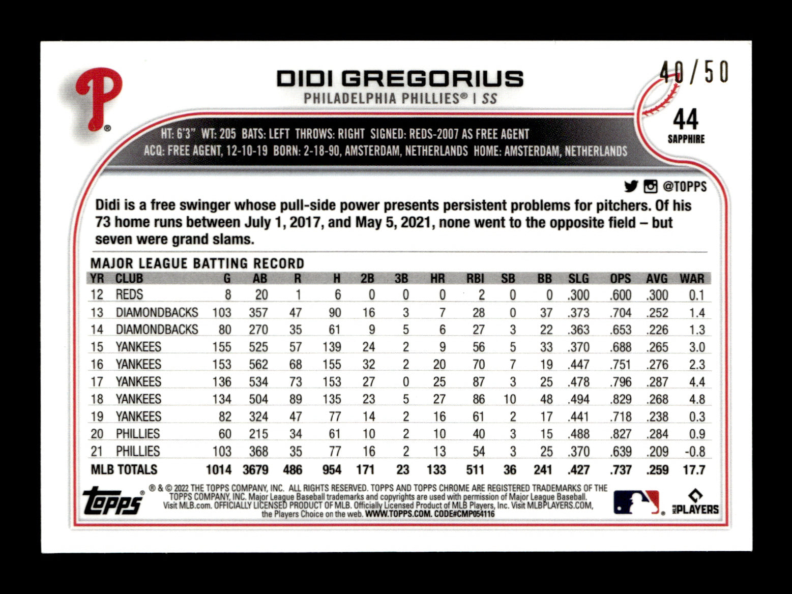 2022 Topps Chrome Sapphire Edition Didi Gregorius #44 Gold #/50 Philadelphia Phillies
