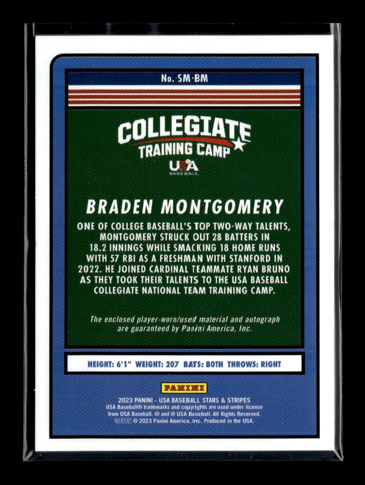 2023 Panini Stars & Stripes USA Baseball Braden Montgomery #SM-BM Stars and Stripes Signature Materials #/200