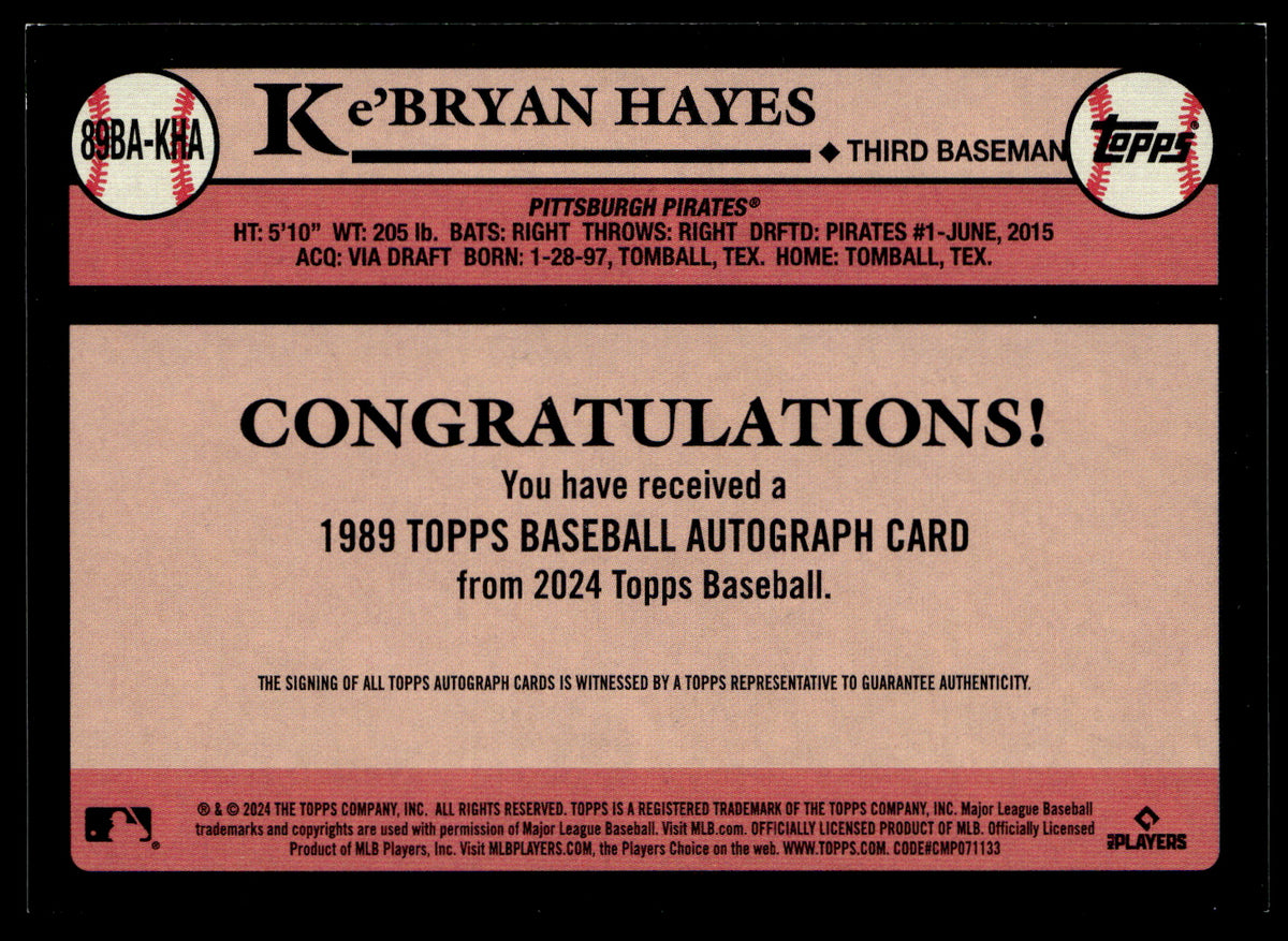 2024 Topps Ke'Bryan Hayes #89BA-KHA 1989 Topps Baseball 35th Anniversary Autographs (Series One) Pittsburgh Pirates