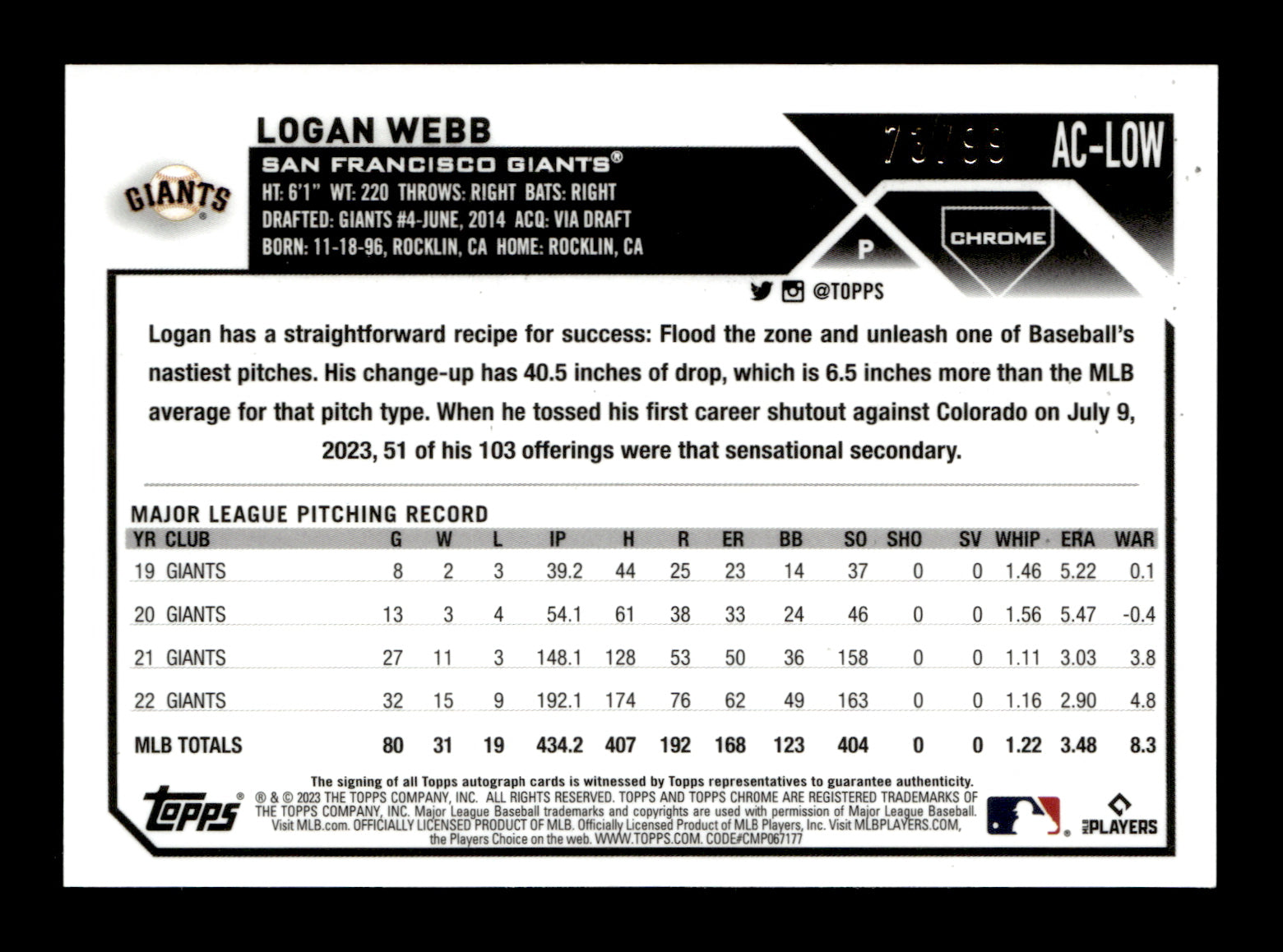 2023 Topps Chrome Update Logan Webb #AC-LOW Autographs Green #/99 San Francisco Giants