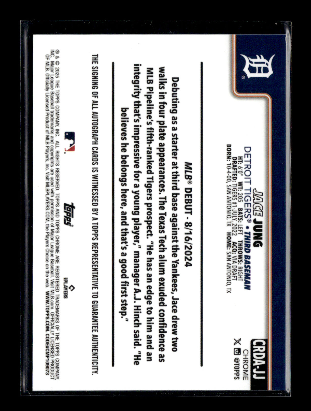 2025 Topps Chrome Update Jace Jung #CRDA-JJ Rookie Debut Autographs Purple Speckle Refractor #/299 Detroit Tigers