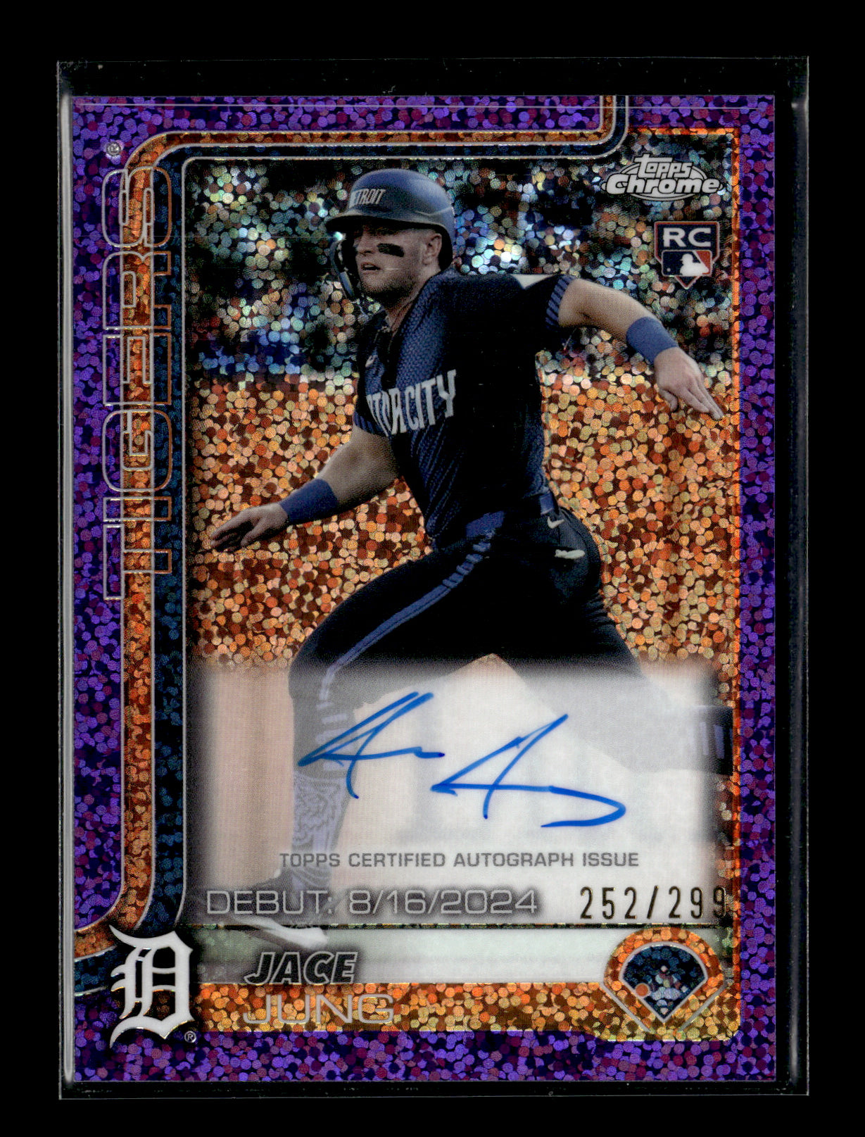 2025 Topps Chrome Update Jace Jung #CRDA-JJ Rookie Debut Autographs Purple Speckle Refractor #/299 Detroit Tigers