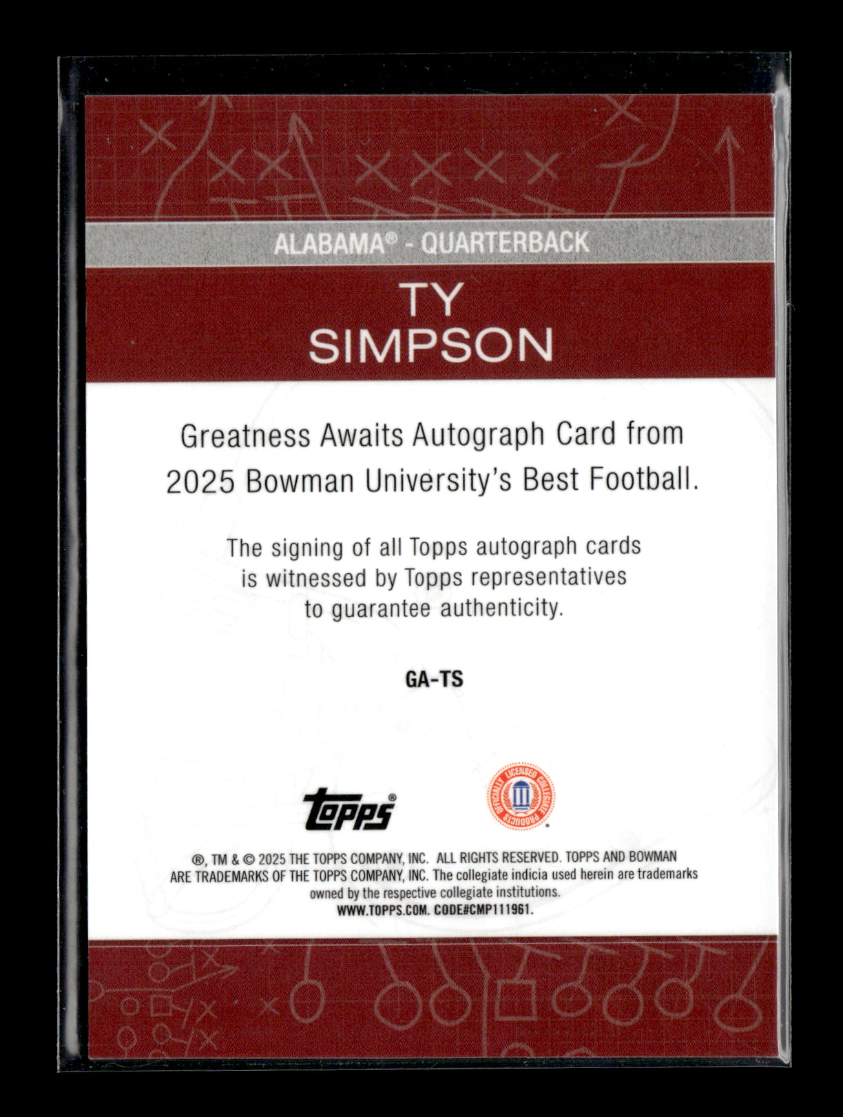 2025 Bowman University Best Ty Simpson #GA-TS Greatness Awaits Autographs Alabama Crimson Tide
