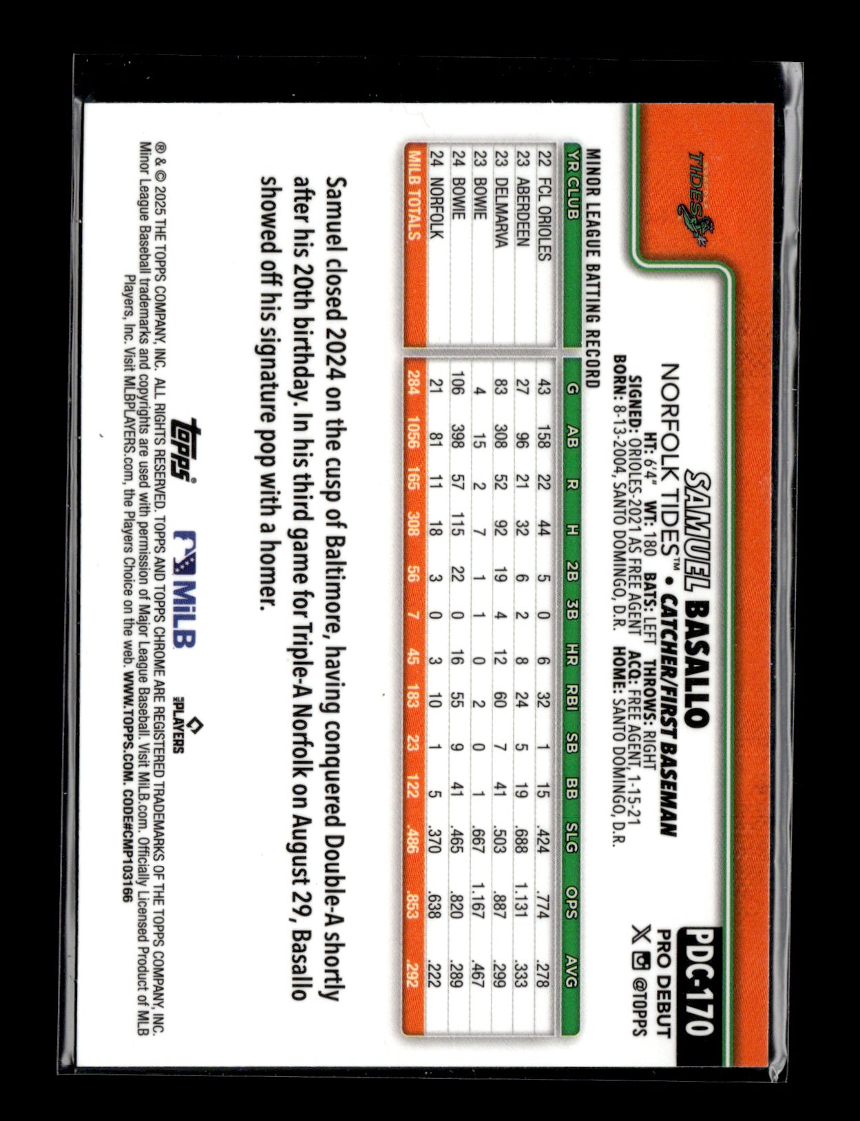 2025 Topps Pro Debut Samuel Basallo #PDC-170 Chrome Norfolk Tides