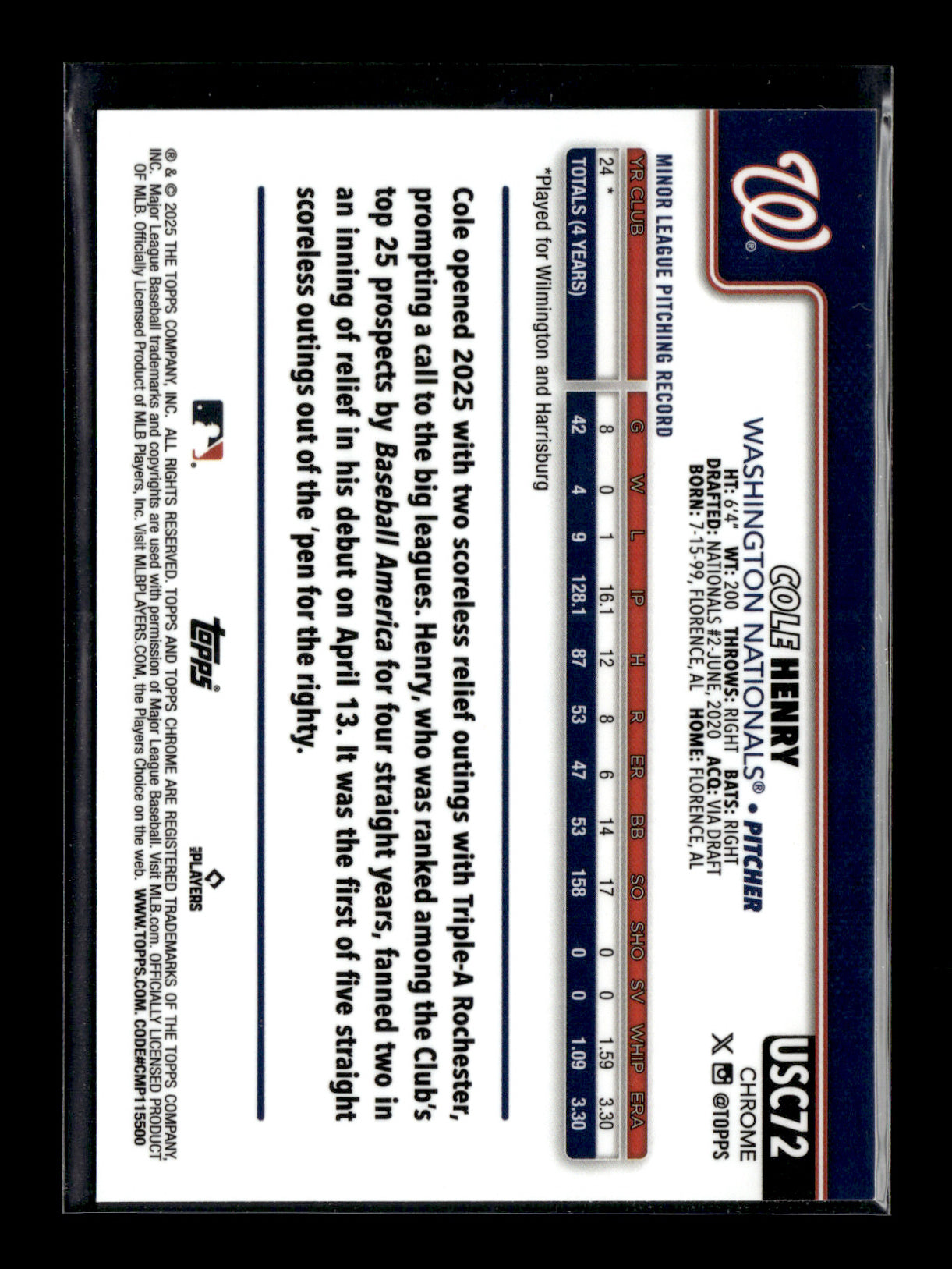2025 Topps Update Cole Henry #US186 Gold #/2025 Washington Nationals