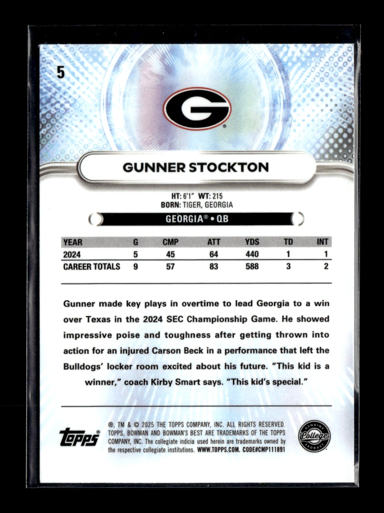 2025 Bowman University Best Gunner Stockton #5 Aqua Lava #/199 Georgia Bulldogs