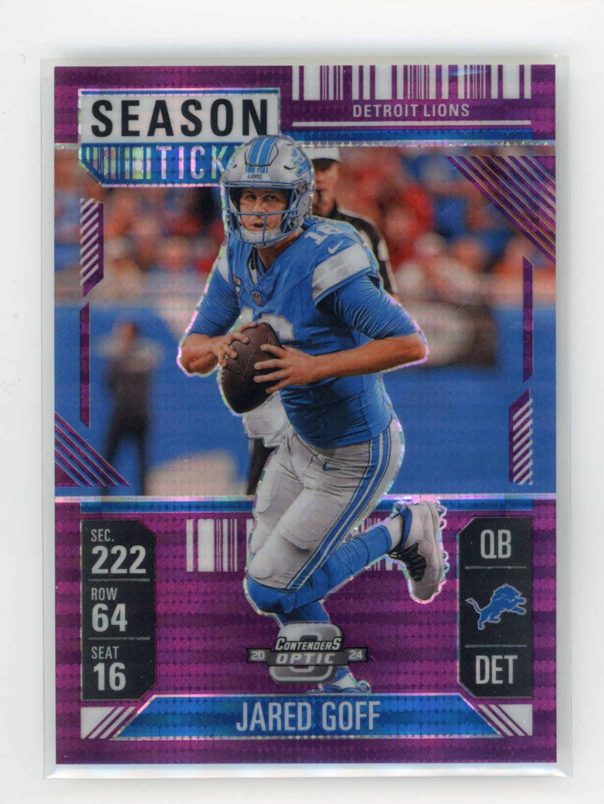 2024 Panini Contenders Optic Jared Goff #18 Purple Pulsar #/37 Detroit Lions