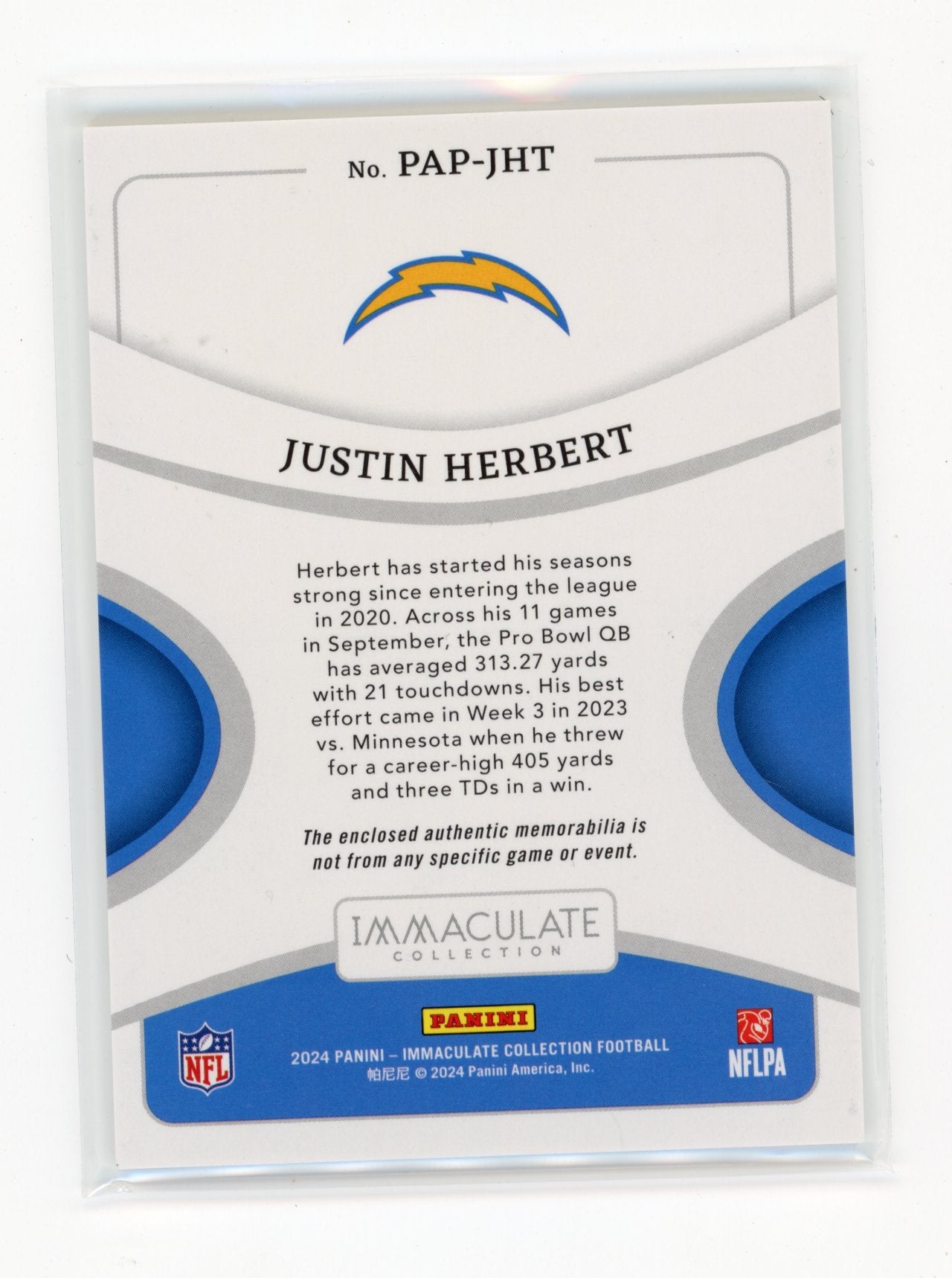 2024 Panini Immaculate Collection Justin Herbert #PAP-JHT Past and Present Materials #/99 Los Angeles Chargers