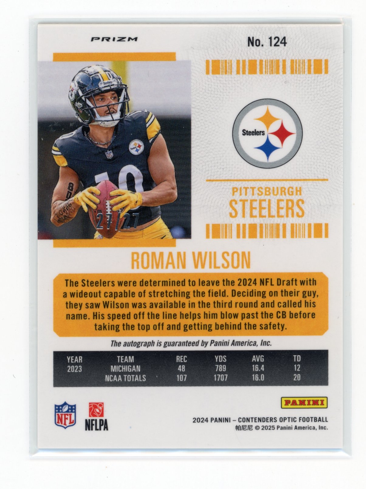 2024 Panini Contenders Optic Roman Wilson #124 Purple Pulsar #/27 Pittsburgh Steelers