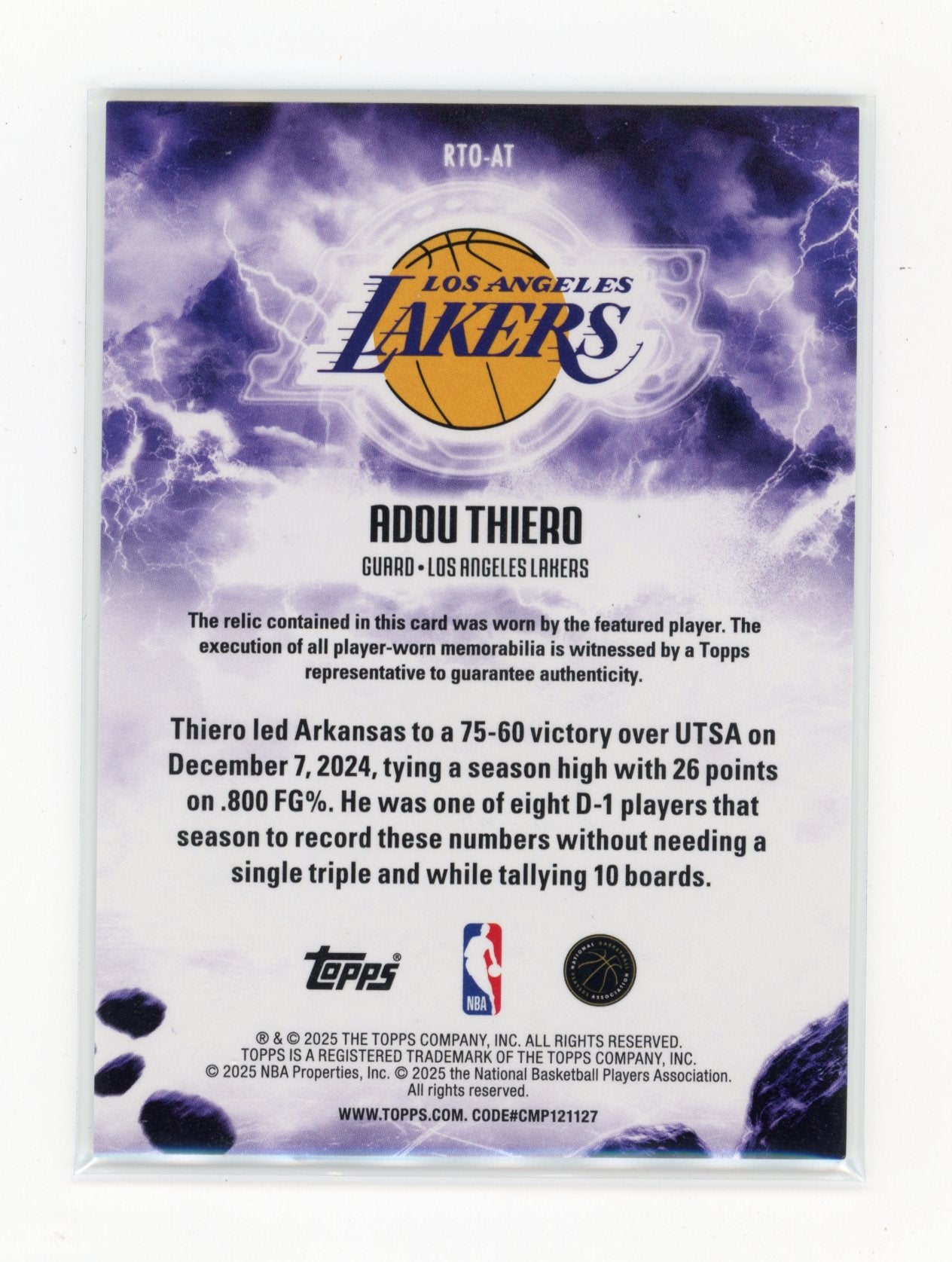 2025-26 Topps Adou Thiero #RTO-AT Rise to the Occasion Relics Los Angeles Lakers