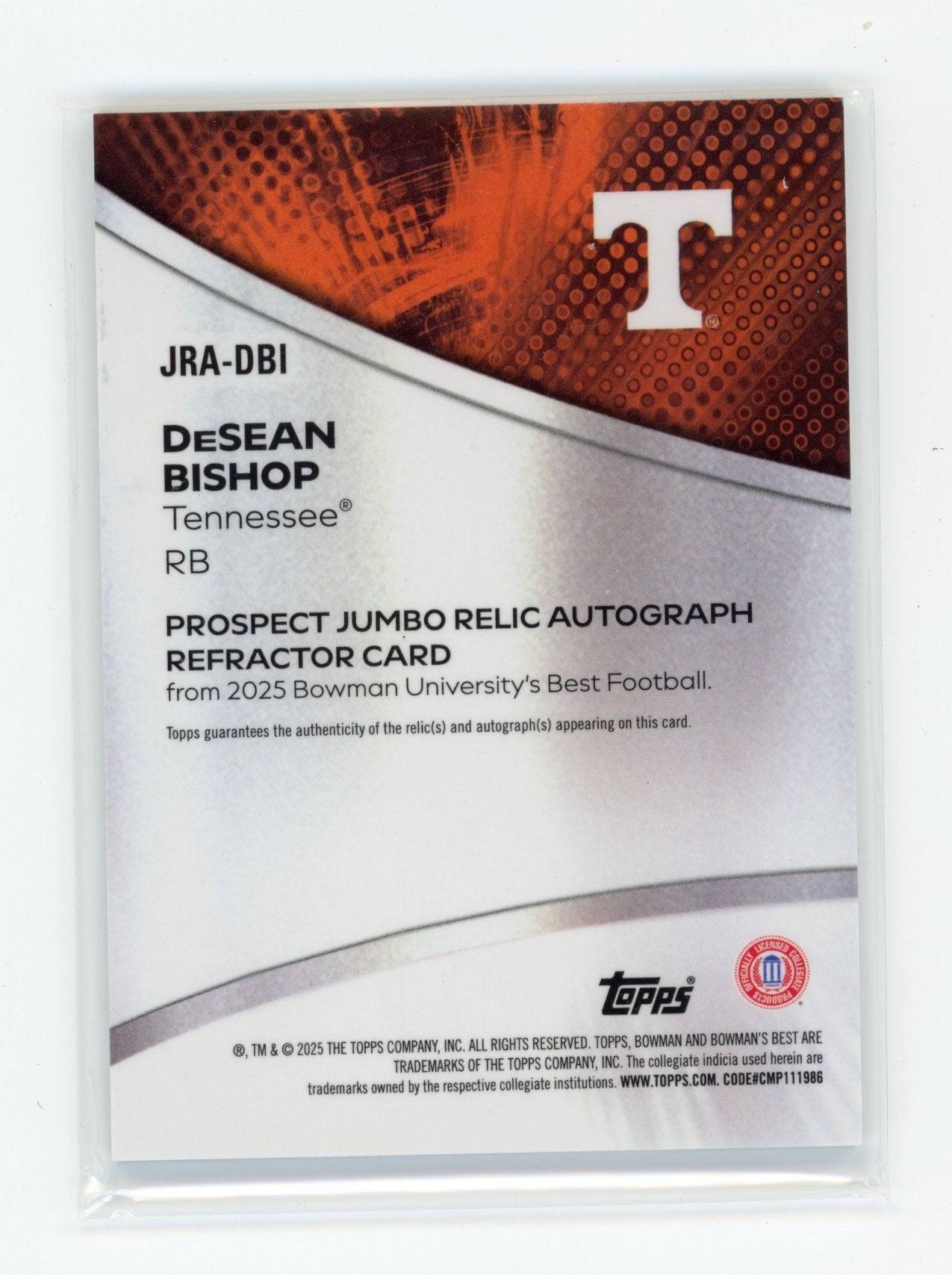 2025 Bowman University Best DeSean Bishop #JRA-DBI Prospect Jumbo Relic Autographs Purple Lava #/75 Tennessee Volunteers