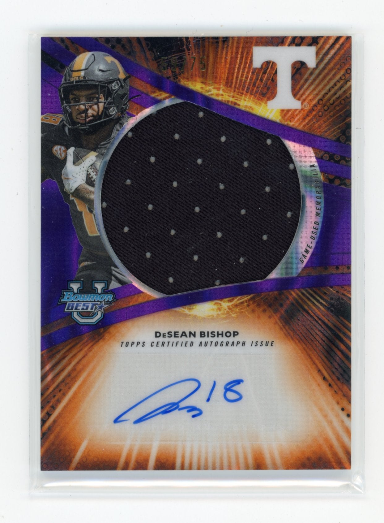 2025 Bowman University Best DeSean Bishop #JRA-DBI Prospect Jumbo Relic Autographs Purple Lava #/75 Tennessee Volunteers
