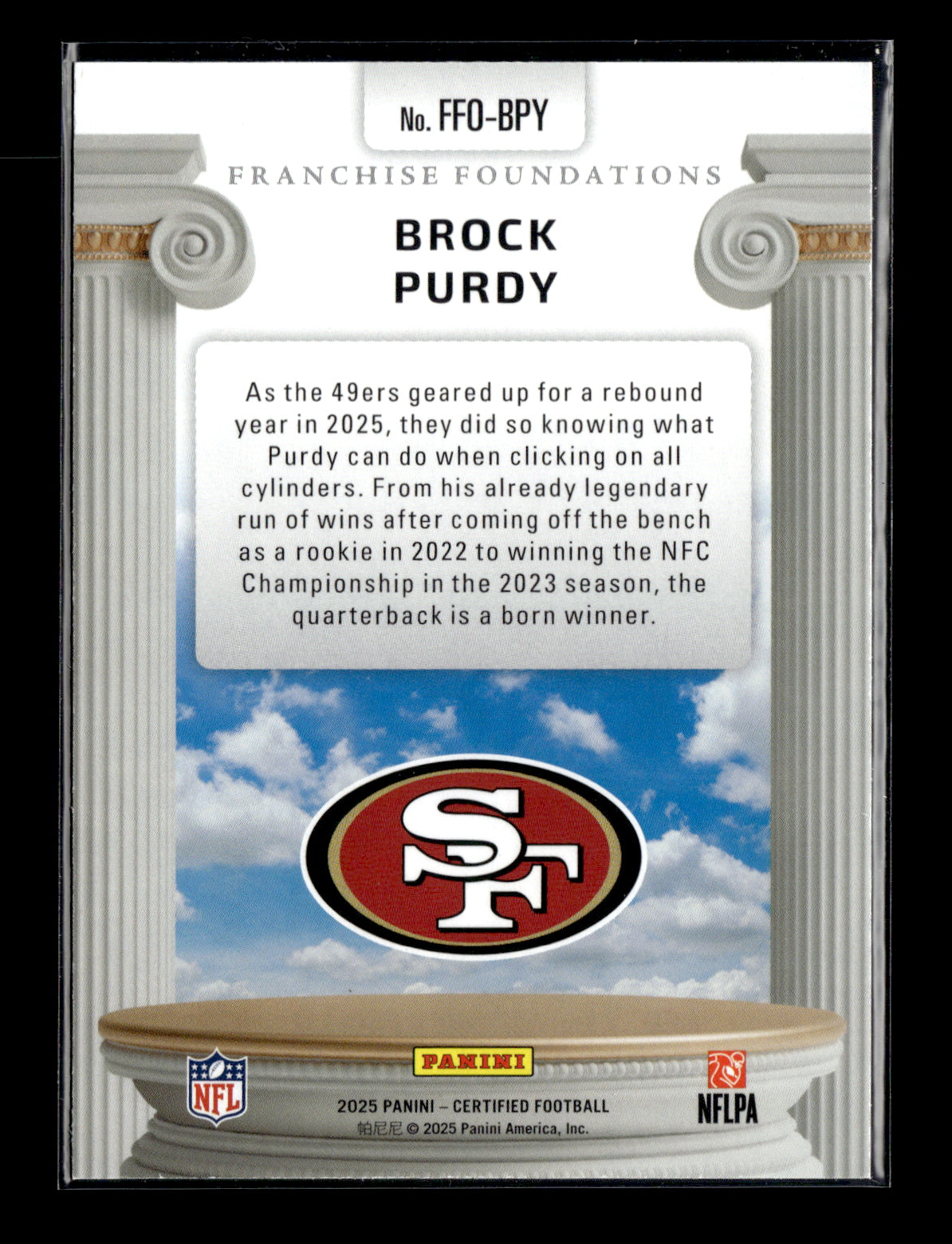2025 Panini Certified Brock Purdy #FFO-BPY Franchise Foundations Mirror Orange #/149 San Francisco 49ers