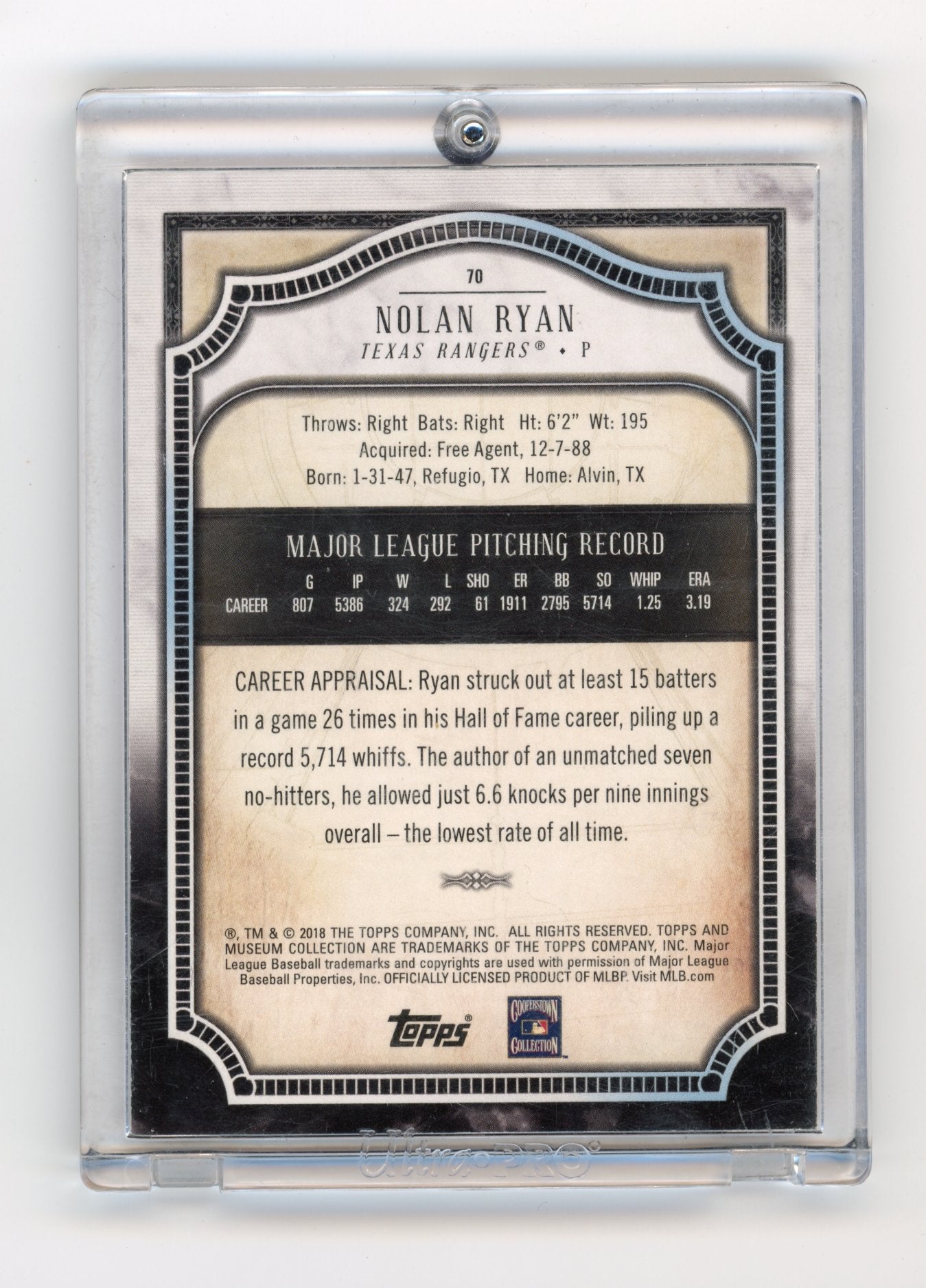 2018 Topps Museum Collection Nolan Ryan #70 Amethyst #/99 Texas Rangers