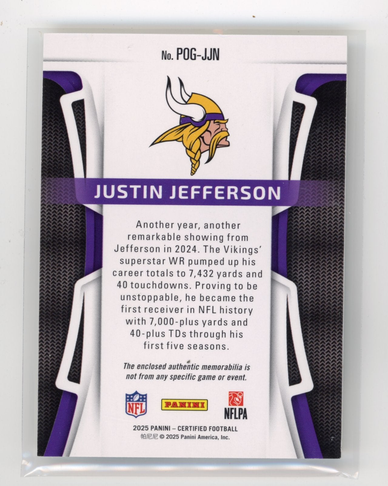 2025 Panini Certified Justin Jefferson #POG-JJN Piece of the Game #/299 Minnesota Vikings
