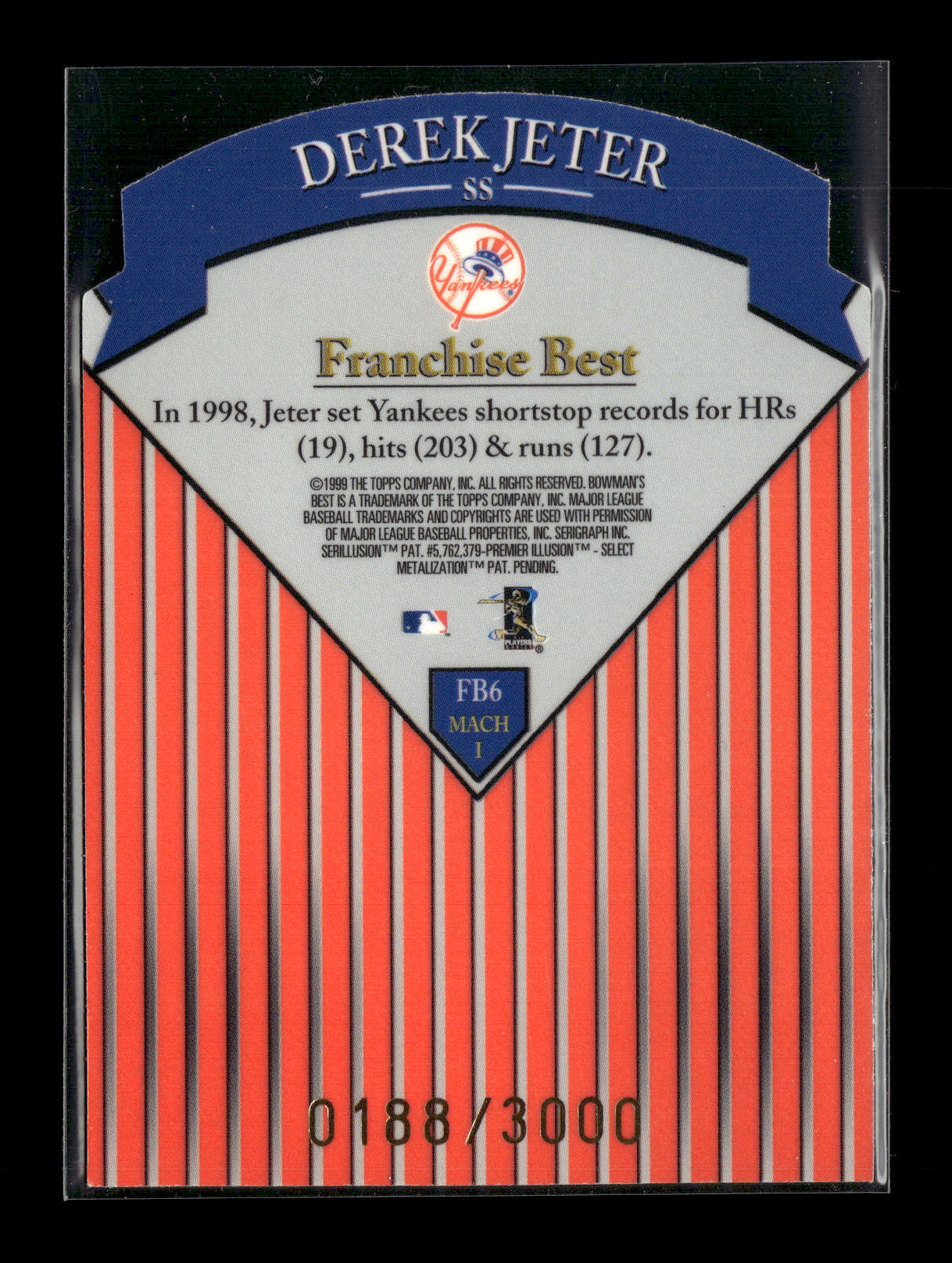 1999 Bowman's Best Derek Jeter #FB6 Franchise Best Mach I #/3000 New York Yankees