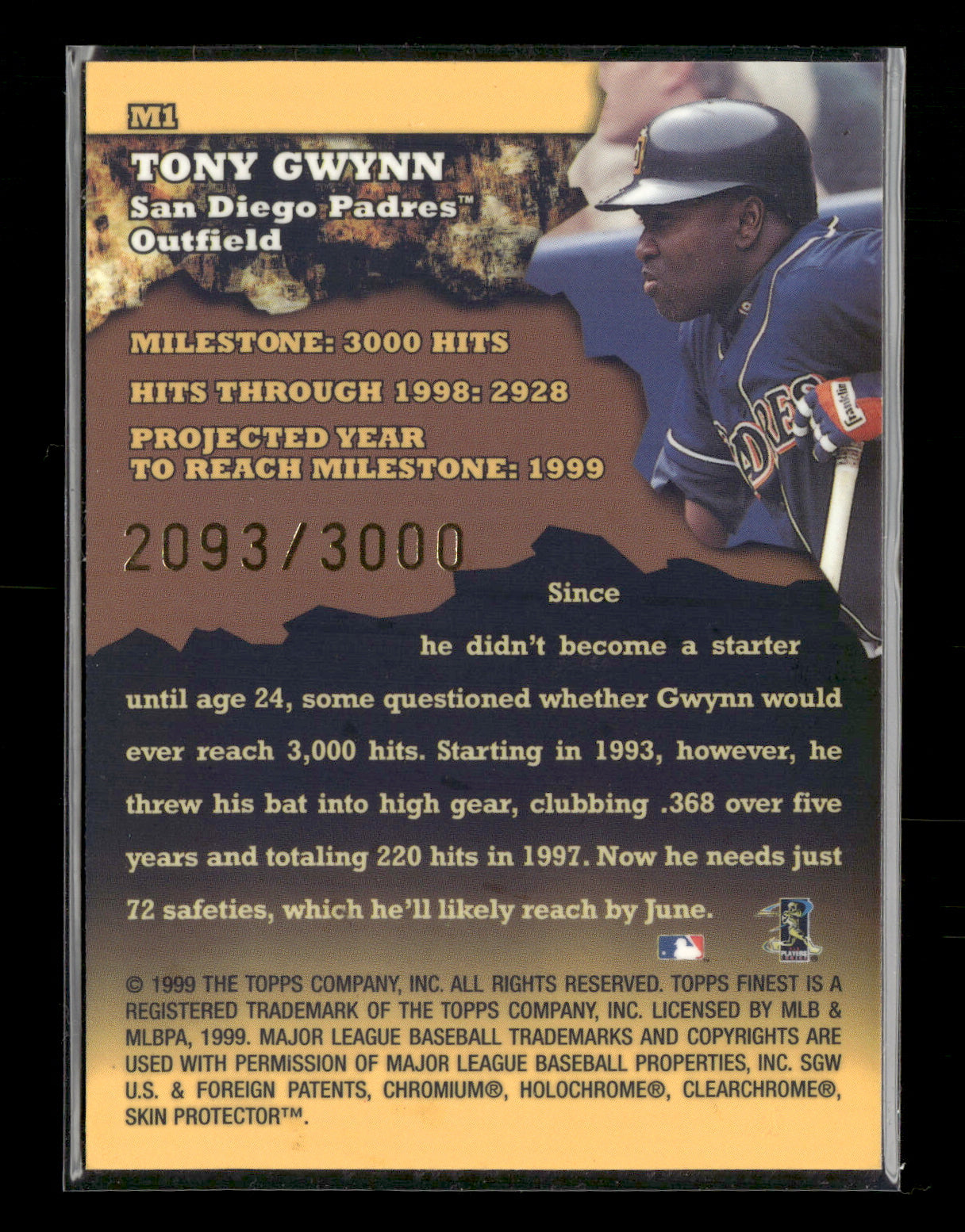 1999 Finest Tony Gwynn #M1 Milestones #/3000 San Diego Padres