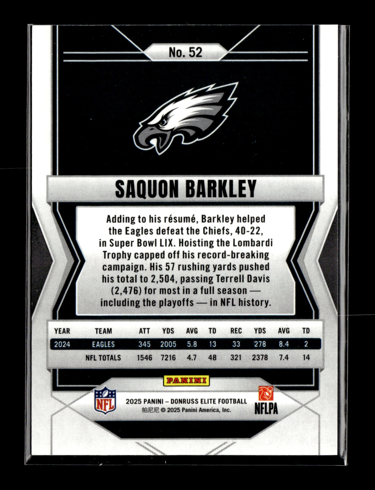 2025 Donruss Elite Saquon Barkley #52 Aspirations Shimmer #/999 Philadelphia Eagles