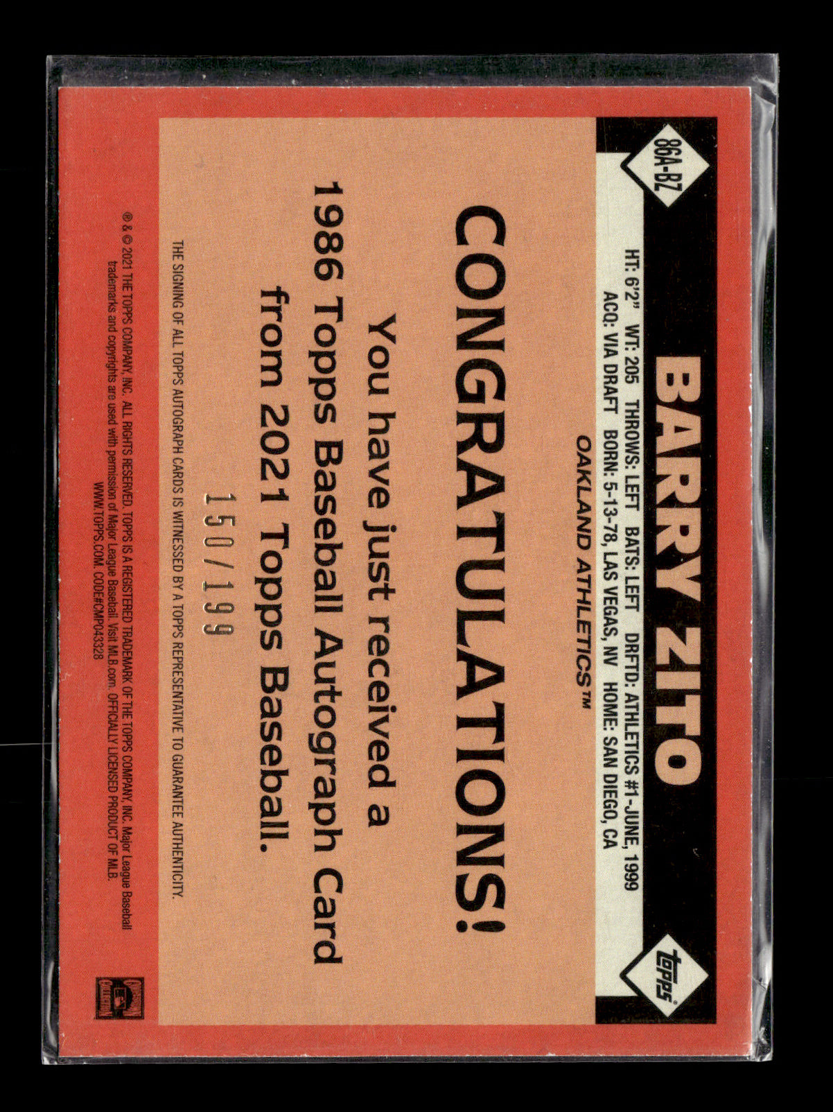 2021 Topps Update - 1986 Topps Baseball Autographs Barry Zito #86A-BZ Oakland Athletics