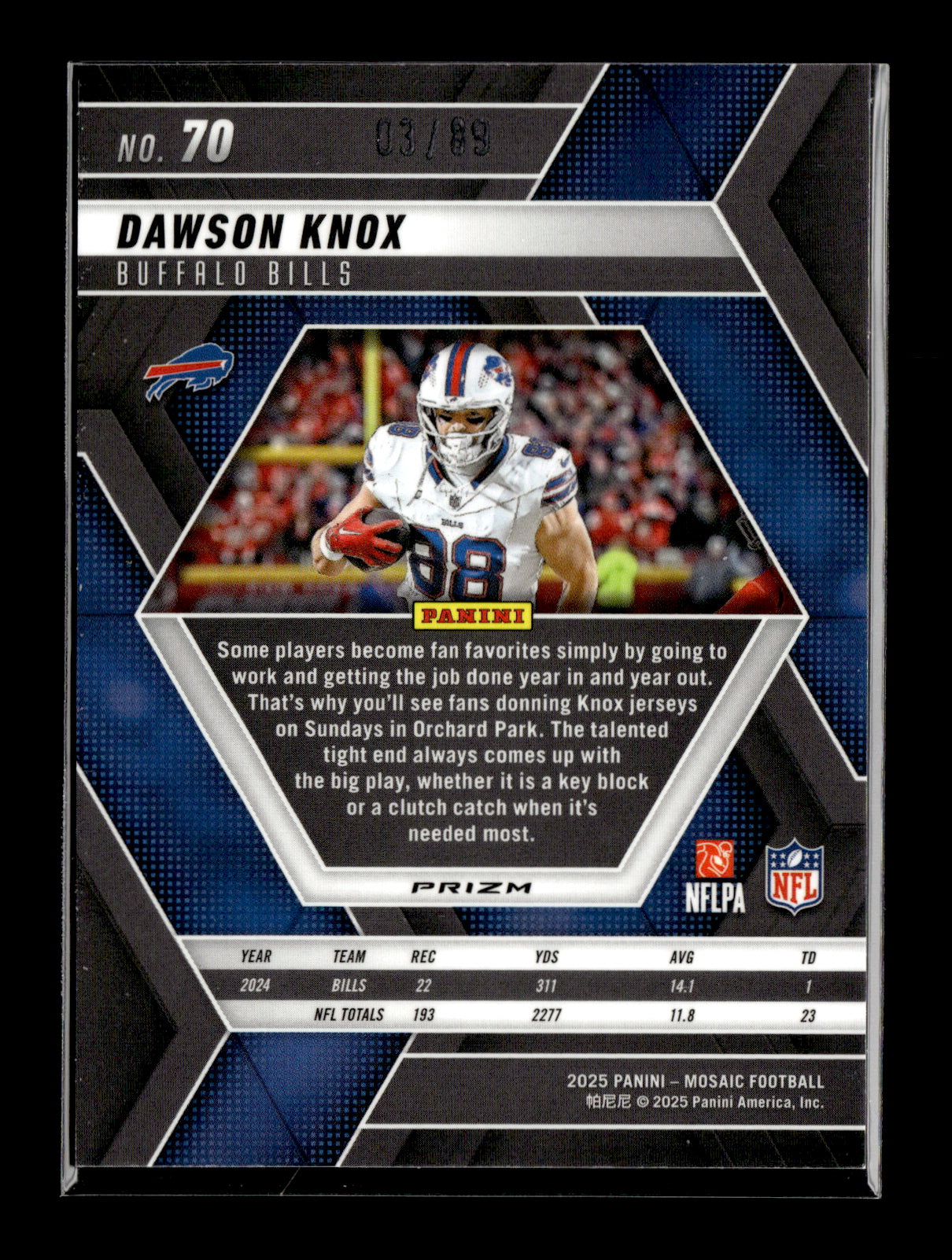 2025 Panini Mosaic Dawson Knox #70 Mosaic Red & Yellow #/89 Buffalo Bills