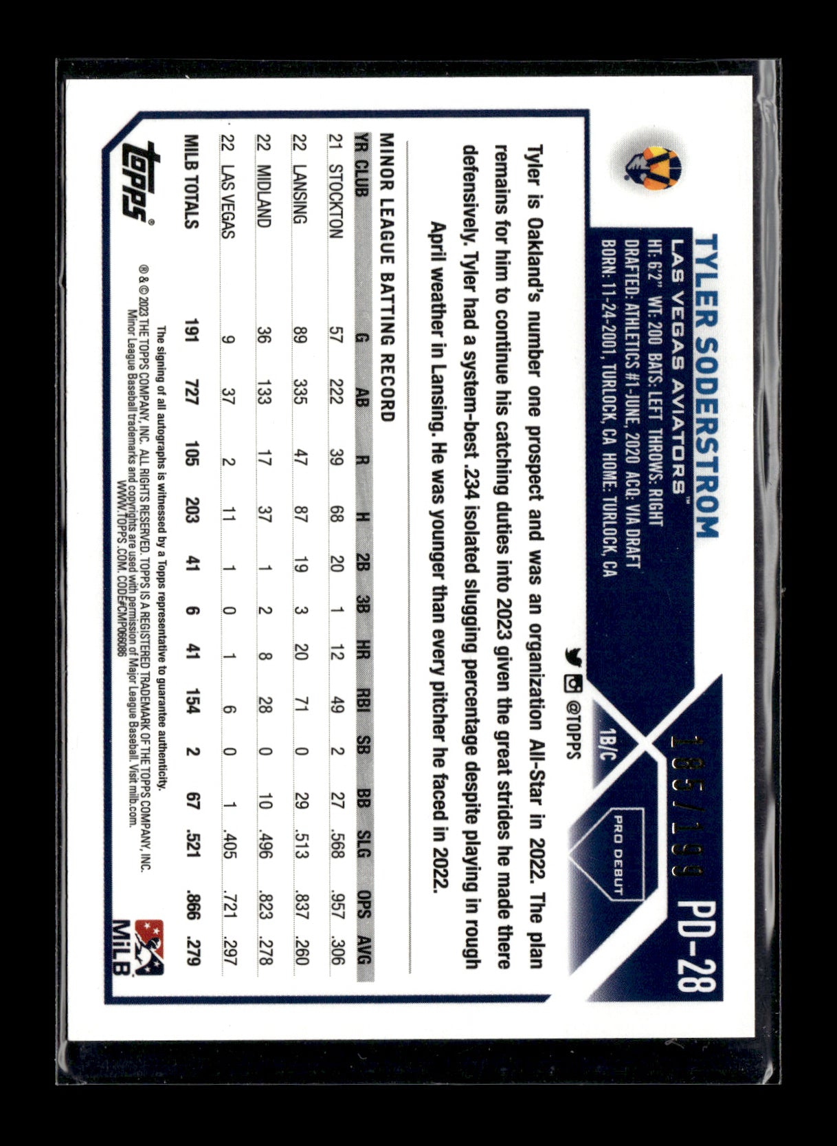 2023 Topps Pro Debut Tyler Soderstrom #PD-28 Autographs Sparkle #/199 Las Vegas Aviators