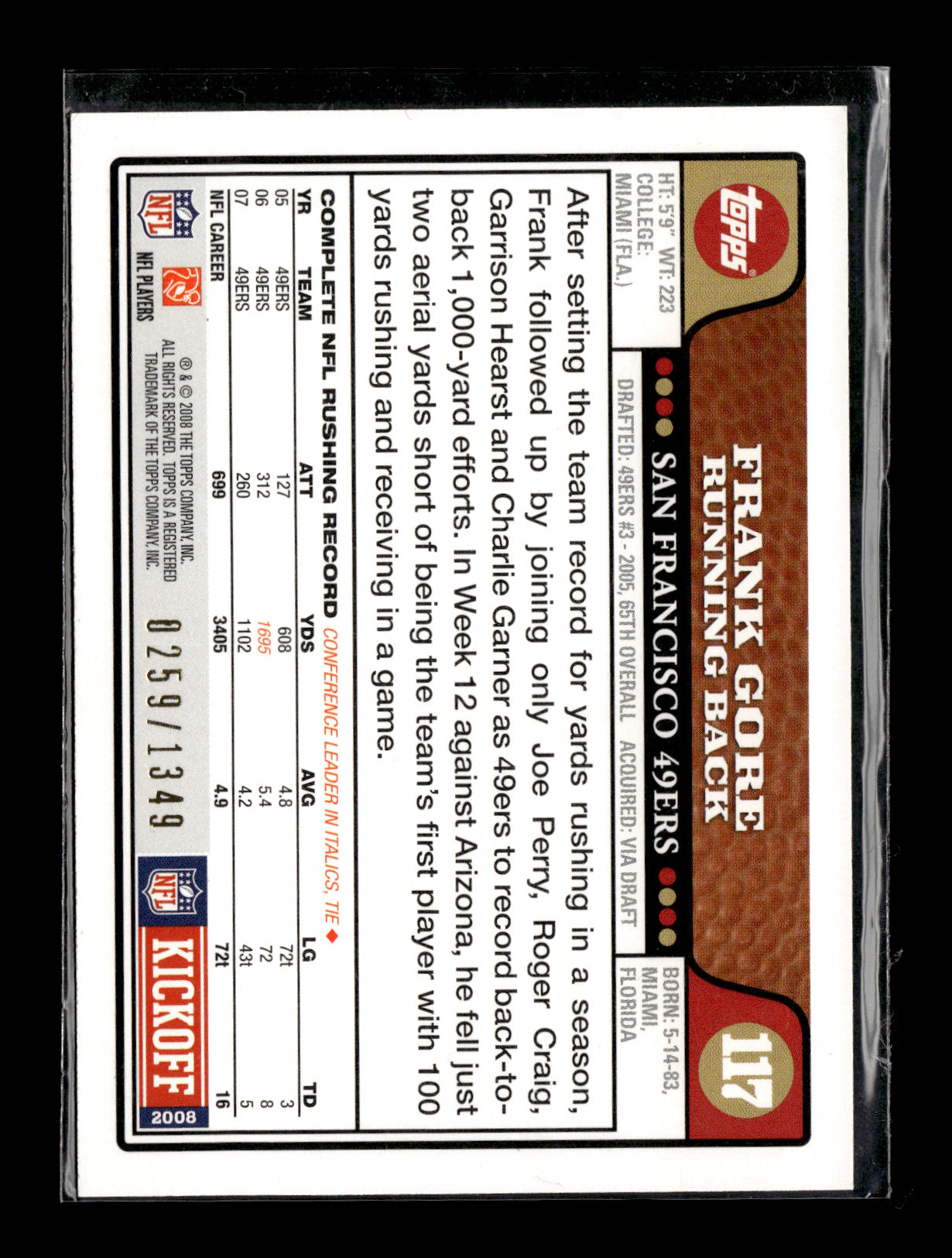 2008 Topps Kickoff Frank Gore #117 Silver Holofoil #/1349 San Francisco 49ers