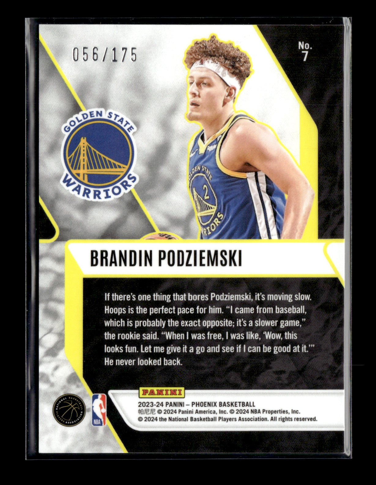 2023-24 Panini Phoenix Brandin Podziemski #7 Fade To Black Phoenix Yellow Ice #/175 Golden State Warriors