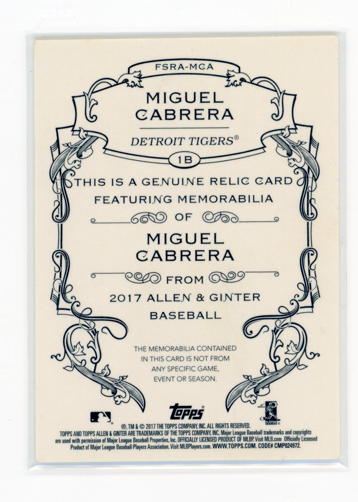 2017 Topps Allen & Ginter Miguel Cabrera #FSRA-MCA Full-Size Design A Relics Detroit Tigers