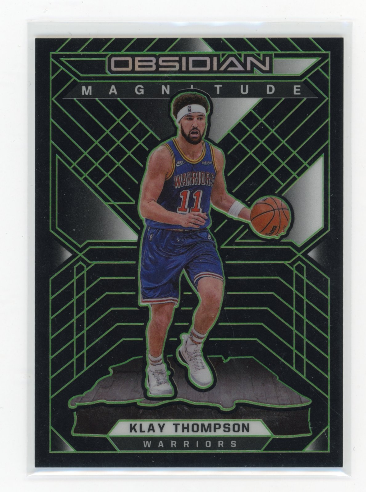 2021-22 Panini Obsidian Klay Thompson #27 Magnitude Electric Etch Green #/25 Golden State Warriors