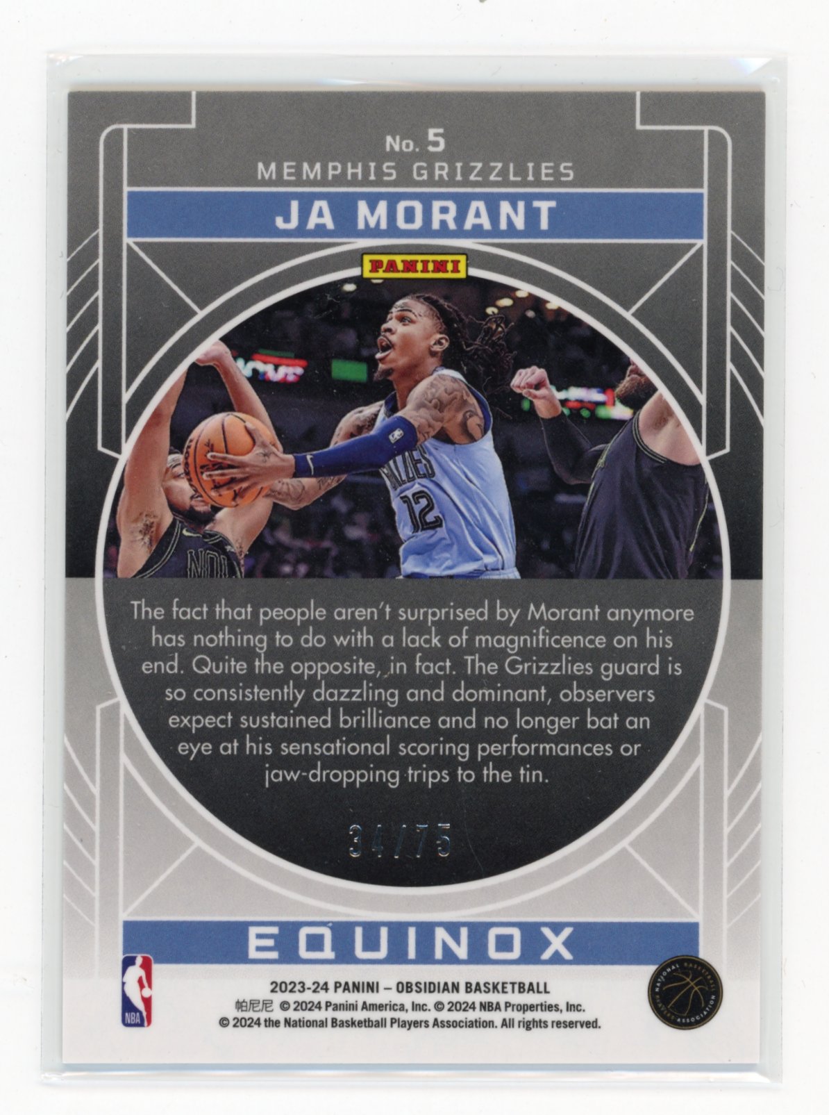 2023-24 Panini Obsidian Ja Morant #5 Equinox Electric Etch Orange Flood #/75 Memphis Grizzlies