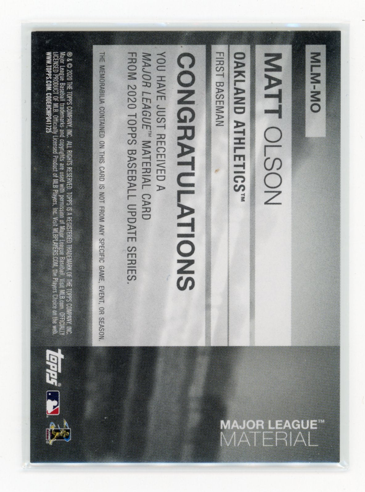 2020 Topps Update Matt Olson #MLM-MO Major League Material Relics Oakland Athletics