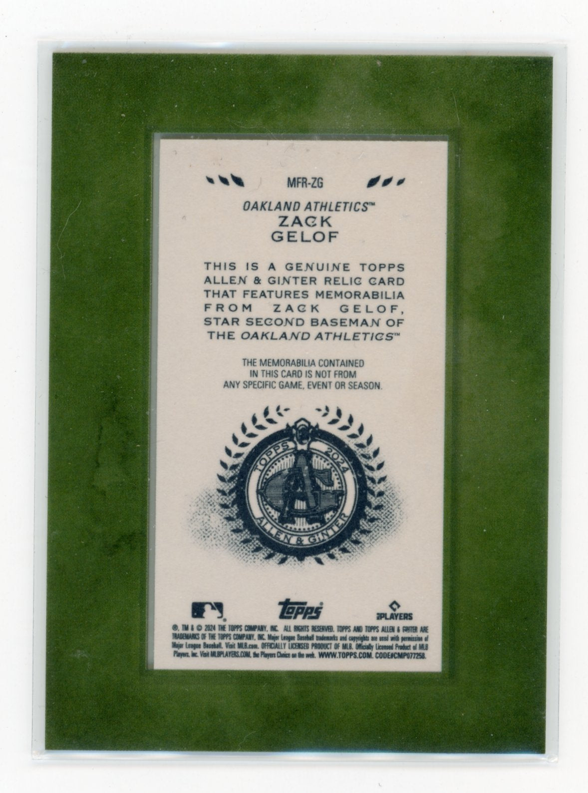 2024 Topps Allen & Ginter - Framed Mini Relics Zack Gelof #MFR-ZG Oakland Athletics